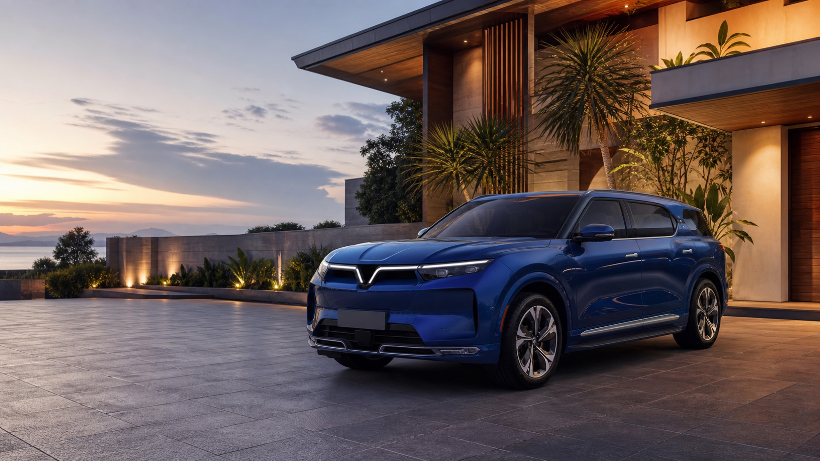 蓝色 VF9 风格大型纯电 SUV 概念效果图